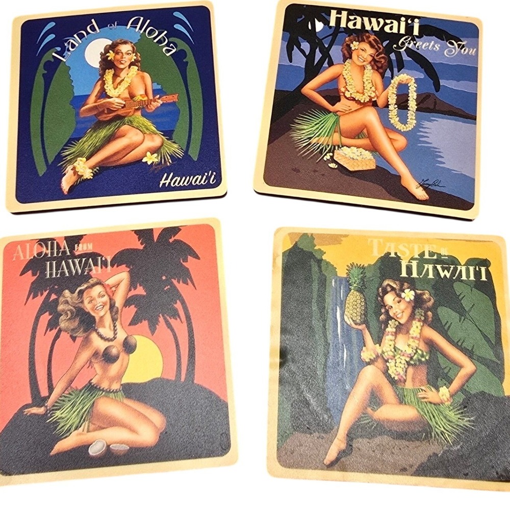 Hawaiian 4 pack Coasters VTG Coconut, Pineapple, Garry Palm Poster Girl